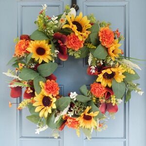 Colorful Sunflower Wreath for Front Door  Late Summer and Fall Bright Vibrant